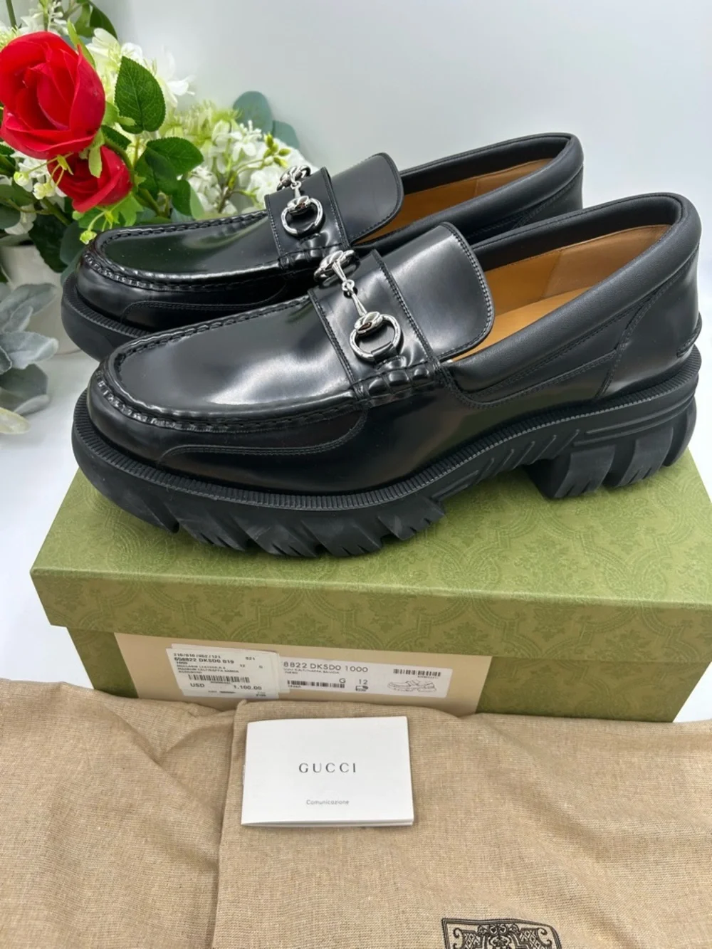 Men's Gucci Men's Black Leather Horsebit Lug Sole Loafers size 12 made in Italy